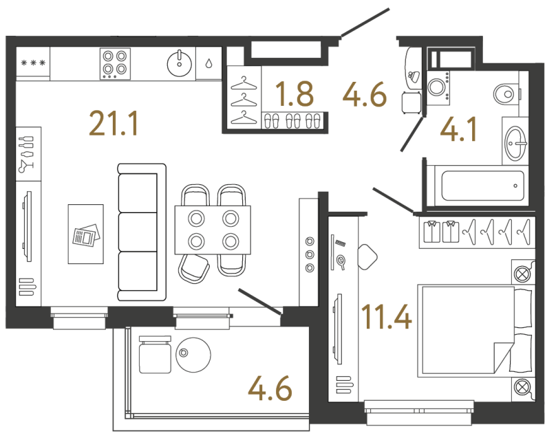 Однокомнатная квартира №185 в ЖК Передвижники - 43 м²