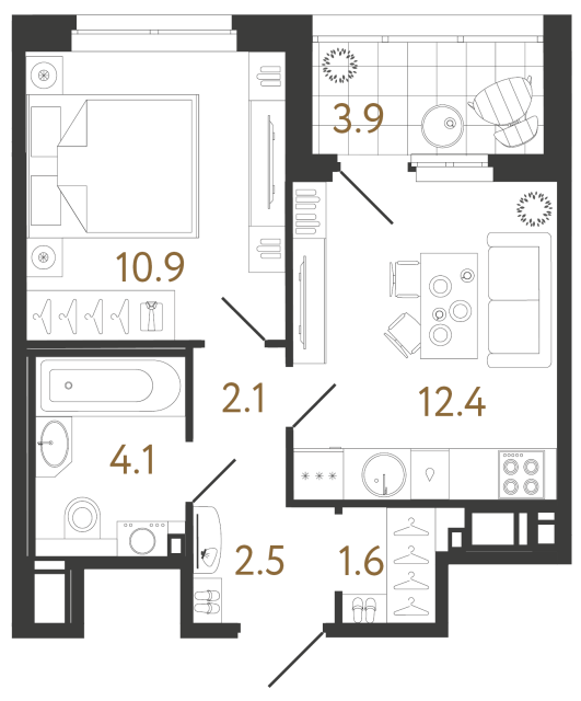 Однокомнатная квартира №191 в ЖК Литера - 33.6 м²