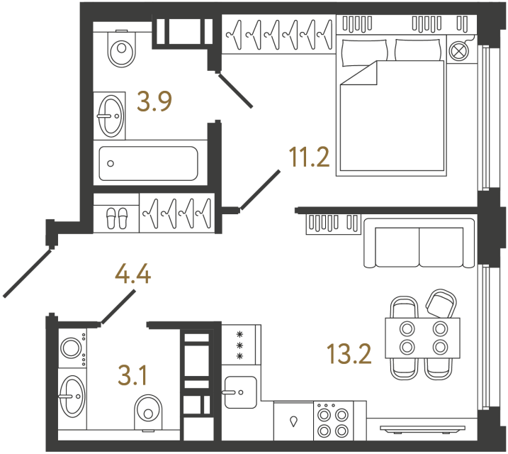 Однокомнатная квартира №852 в ЖК Гений - 35.8 м²
