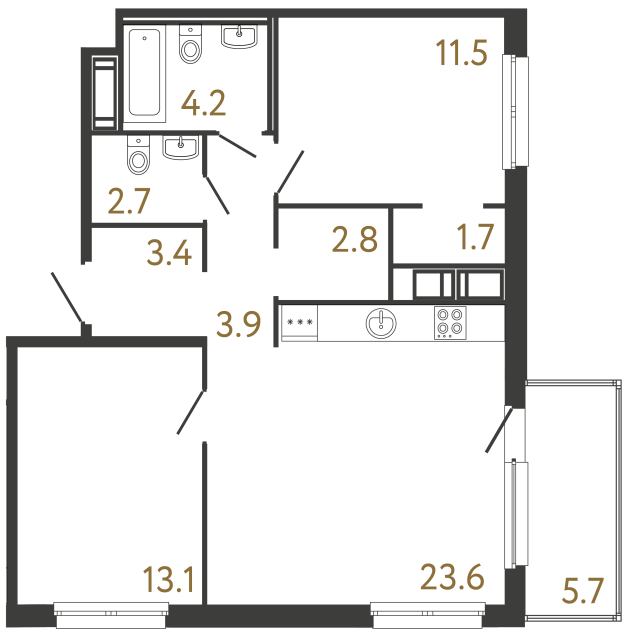 Двухкомнатная квартира №82 в ЖК Передвижники - 66.9 м²  - №2