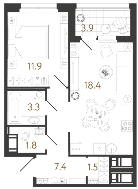 Однокомнатная квартира №75 в ЖК Литера - 44.3 м²