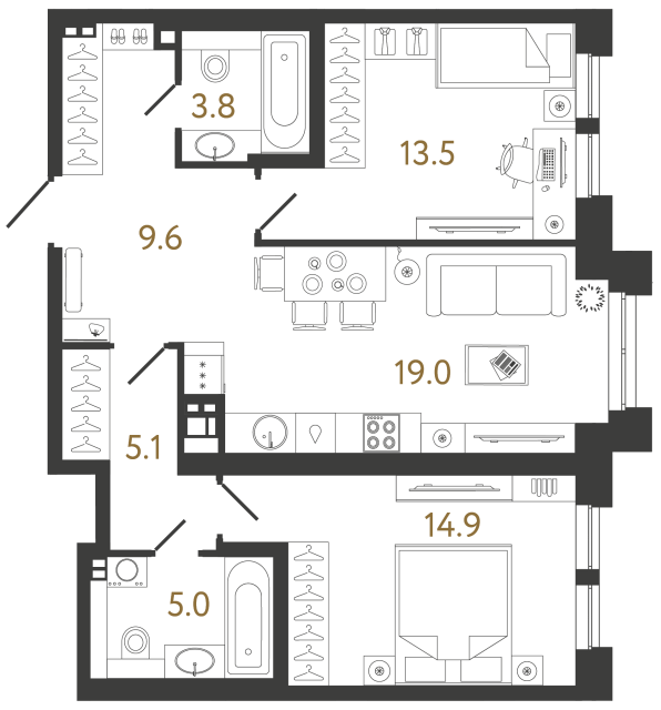 Двухкомнатная квартира №27 в ЖК Коллекционер - 70.9 м²