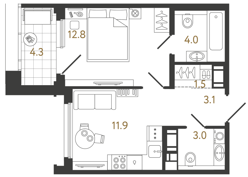 Однокомнатная квартира №375 в ЖК Гений - 36.3 м²