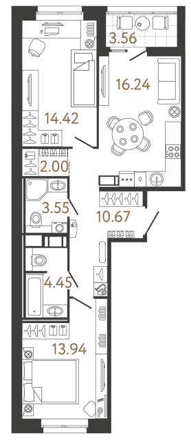 Двухкомнатная квартира №704 в ЖК Ultra City 3 - 65.27 м²