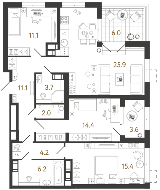 Трёхкомнатная квартира №561 в ЖК Струны - 94 м²