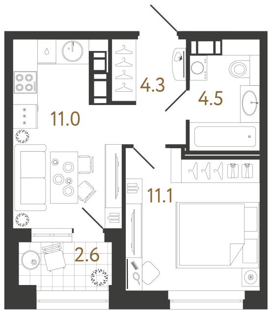 Однокомнатная квартира №329 в ЖК Куинджи - 30.9 м²