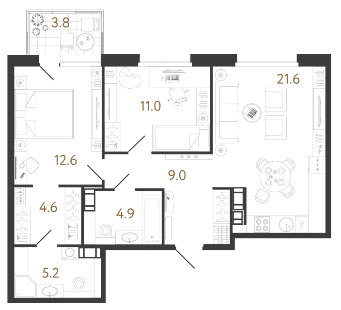 Двухкомнатная квартира №393 в ЖК Куинджи - 68.9 м²