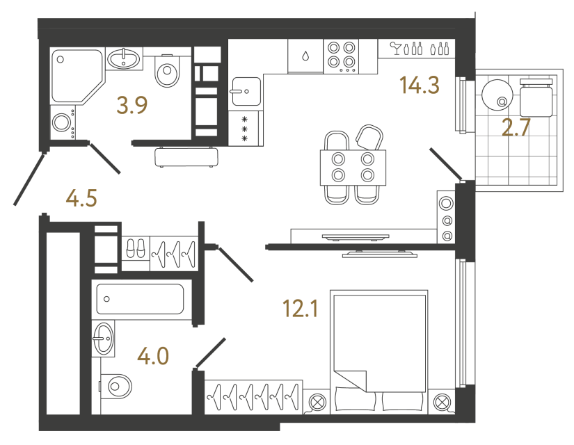 Однокомнатная квартира №385 в ЖК Гений - 38.8 м²