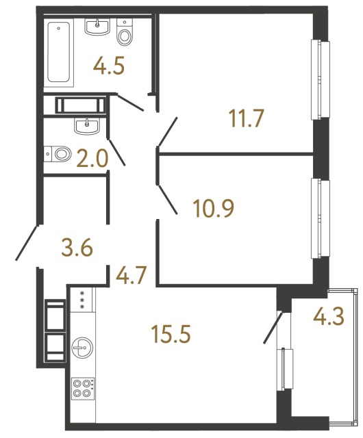 Двухкомнатная квартира №344 в ЖК Передвижники - 52.9 м²  - №2