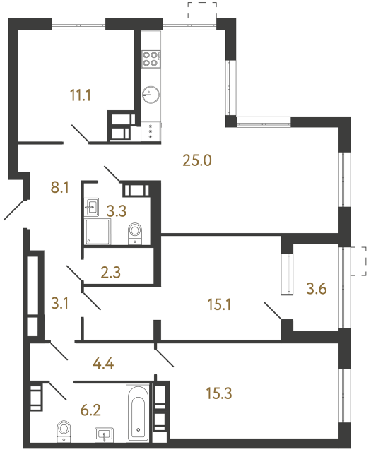 Трёхкомнатная квартира №164 в ЖК Струны - 93.9 м²  - №2