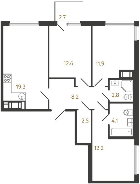 Трёхкомнатная квартира №1182 в ЖК Гений - 73.6 м²  - №2