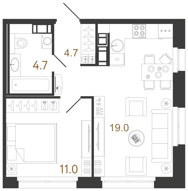 Однокомнатная квартира №82 в ЖК Куинджи - 39.4 м²