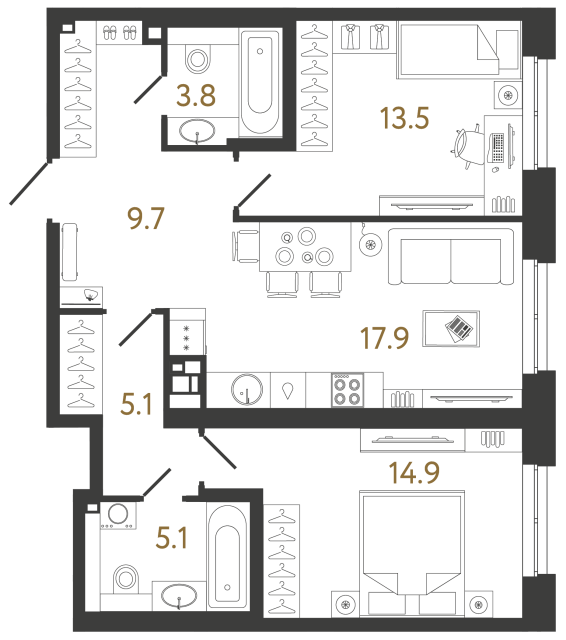 Двухкомнатная квартира №17 в ЖК Коллекционер - 70 м²