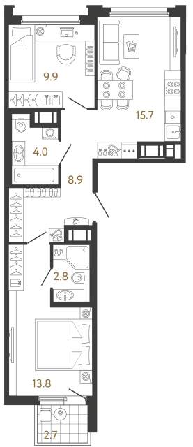 Двухкомнатная квартира №121 в ЖК Гений - 55.1 м²