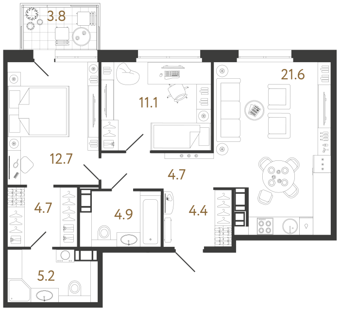 Двухкомнатная квартира №463 в ЖК Куинджи - 69.3 м²