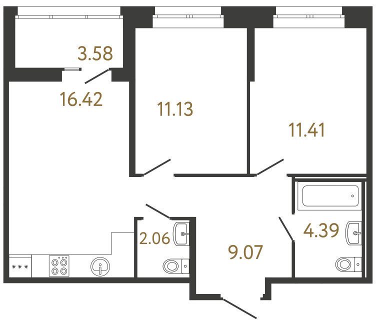 Двухкомнатная квартира №9 в ЖК Ультра Сити 3.0 - 54.48 м²  - №2