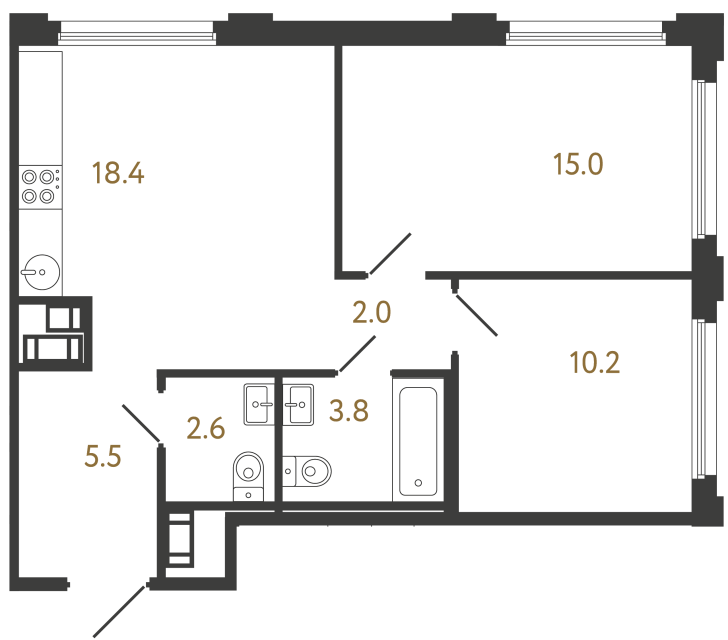Двухкомнатная квартира №480 в ЖК Гений - 57.5 м²  - №2