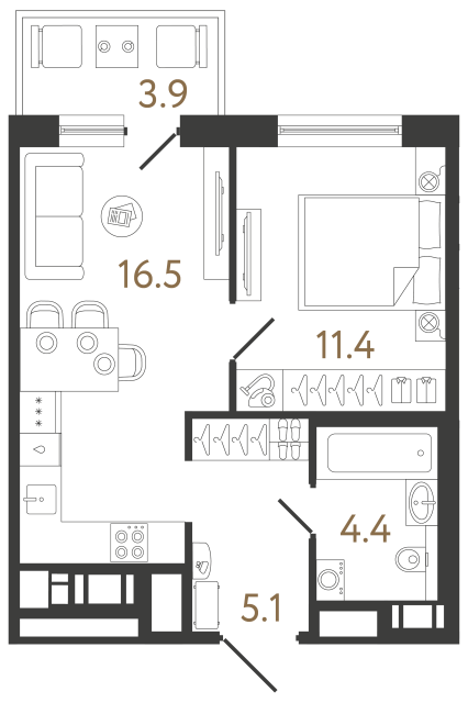 Однокомнатная квартира №366 в ЖК Передвижники 2 - 37.4 м²