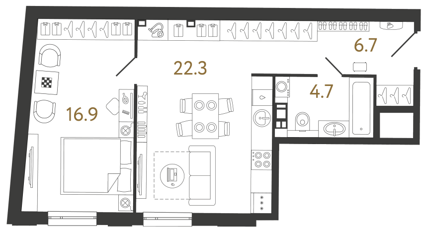 Однокомнатные апартаменты №52 в ЖК Светоч - 50.6 м²