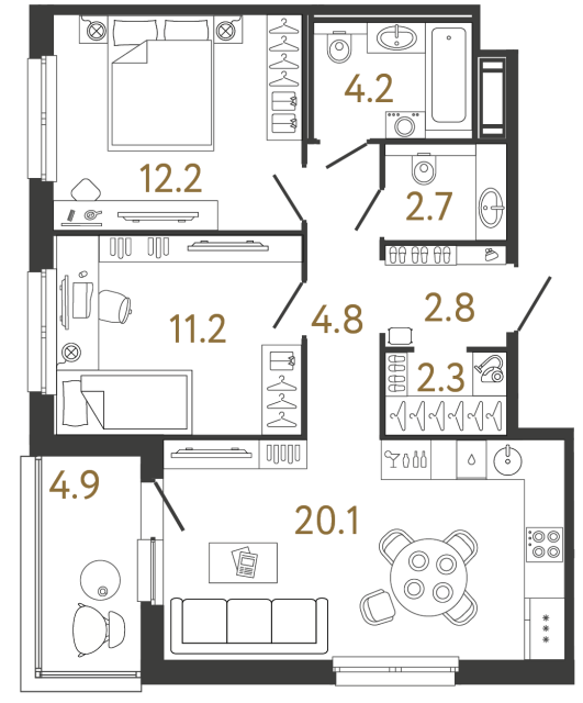 Двухкомнатная квартира №340 в ЖК Передвижники - 60.3 м²