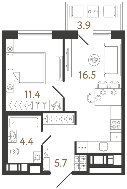 Однокомнатная квартира №100 в ЖК Передвижники 2 - 38 м²