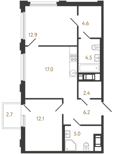 Двухкомнатная квартира №893 в ЖК Гений - 64.7 м²  - №2