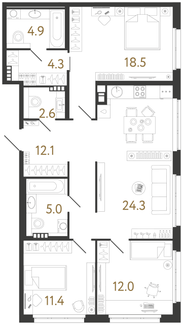Трёхкомнатная квартира №120 в ЖК Визионер - 95.1 м²