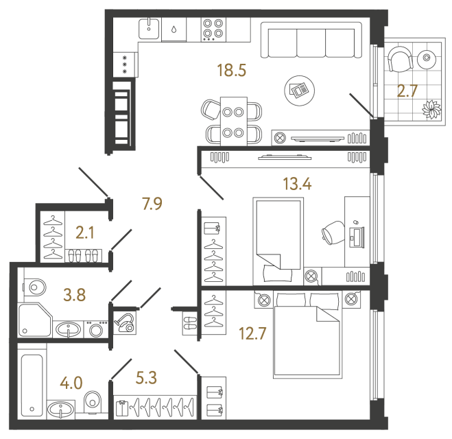 Двухкомнатная квартира №444 в ЖК Гений - 67.7 м²
