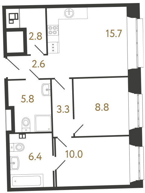Двухкомнатные апартаменты №74 в ЖК Светоч - 55.4 м²  - №2