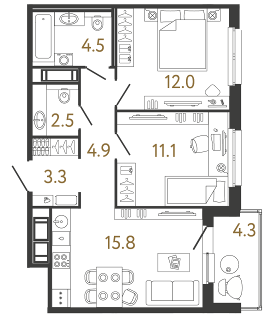 Двухкомнатная квартира №303 в ЖК Передвижники - 54.1 м²