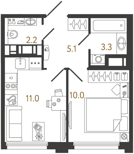 Однокомнатная квартира №1050 в ЖК Гений - 31.6 м²