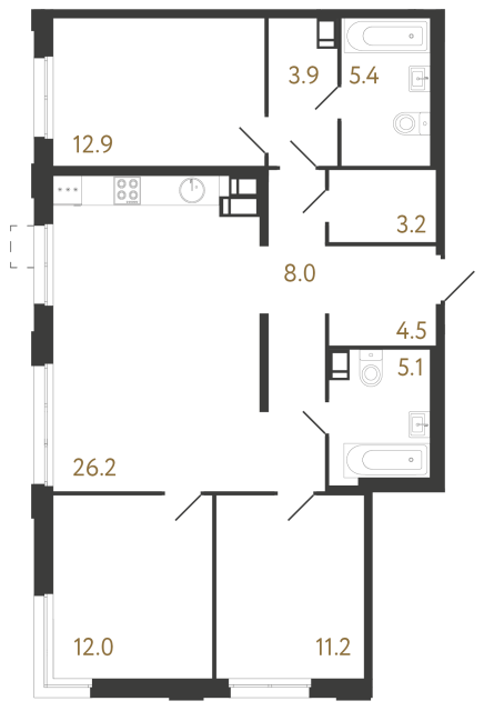 Трёхкомнатная квартира №1072 в ЖК Струны 2 оч. - 92.4 м²  - №2