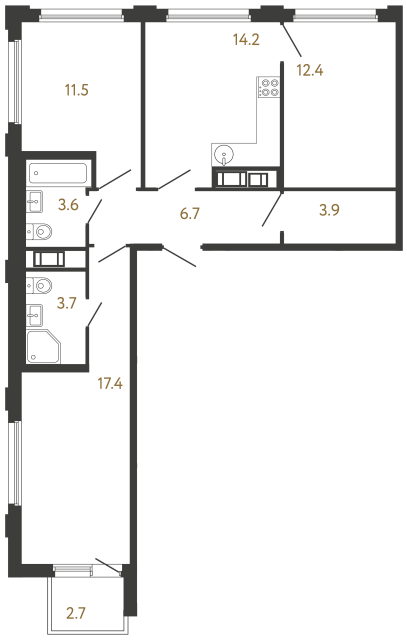 Трёхкомнатная квартира №657 в ЖК Гений - 73.4 м²  - №2