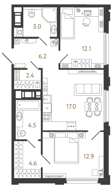 Двухкомнатная квартира №212 в ЖК Гений - 64.7 м²