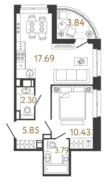 Однокомнатная квартира №889 в ЖК Ultra City 3 - 40.07 м²