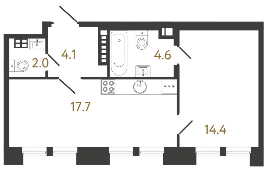 Однокомнатная квартира №13 в ЖК Коллекционер - 42.8 м²  - №2