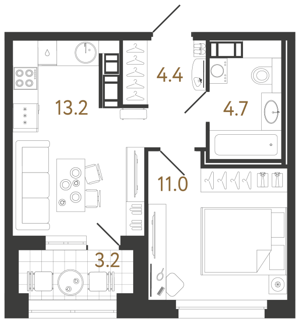 Однокомнатная квартира №461 в ЖК Куинджи - 33.3 м²