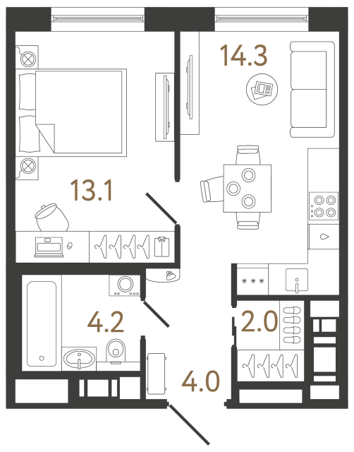 Однокомнатная квартира №212 в ЖК Передвижники 2 - 37.6 м²