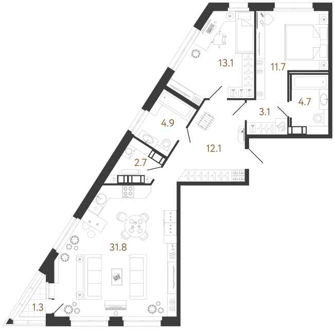 Двухкомнатная квартира №113 в ЖК Куинджи - 84.1 м²
