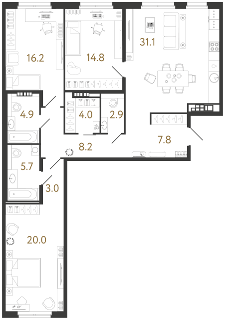Трёхкомнатная квартира №86 в ЖК Визионер - 118.6 м²