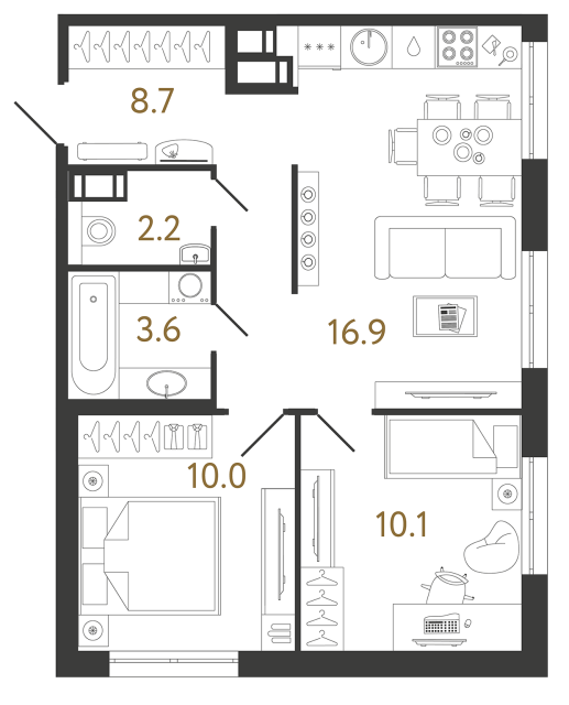 Двухкомнатная квартира №328 в ЖК Струны - 51.5 м²