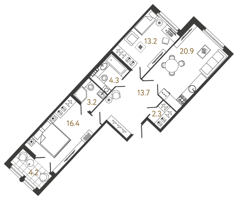 Двухкомнатная квартира №199 в ЖК Миръ - 74 м²