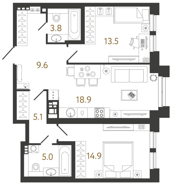 Двухкомнатная квартира №37 в ЖК Коллекционер - 70.8 м²