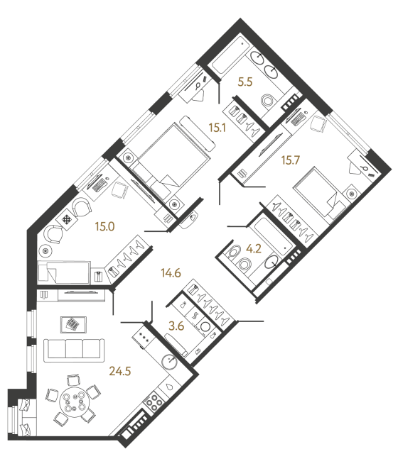 Трёхкомнатная квартира №259 в ЖК Миръ - 98.2 м²