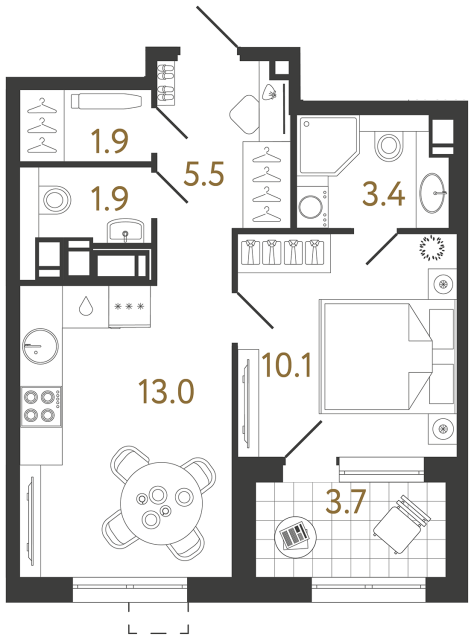 Однокомнатная квартира №83 в ЖК Струны - 35.8 м²