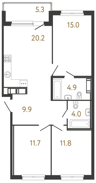 Трёхкомнатная квартира №125 в ЖК Передвижники - 77.5 м²  - №2