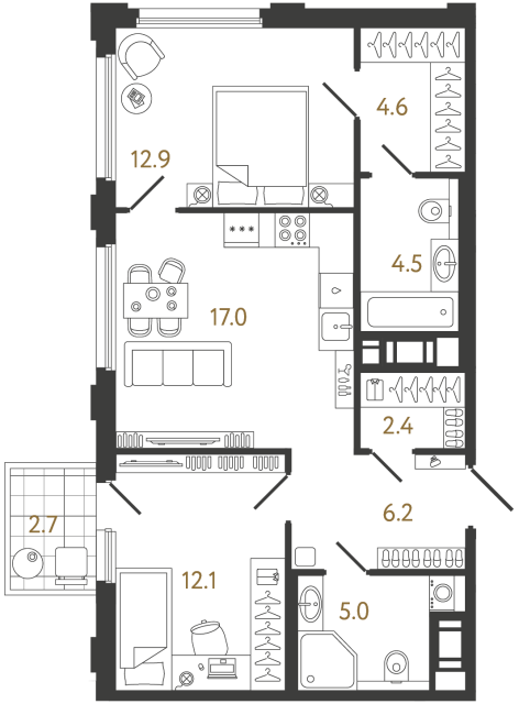 Двухкомнатная квартира №779 в ЖК Гений - 64.7 м²