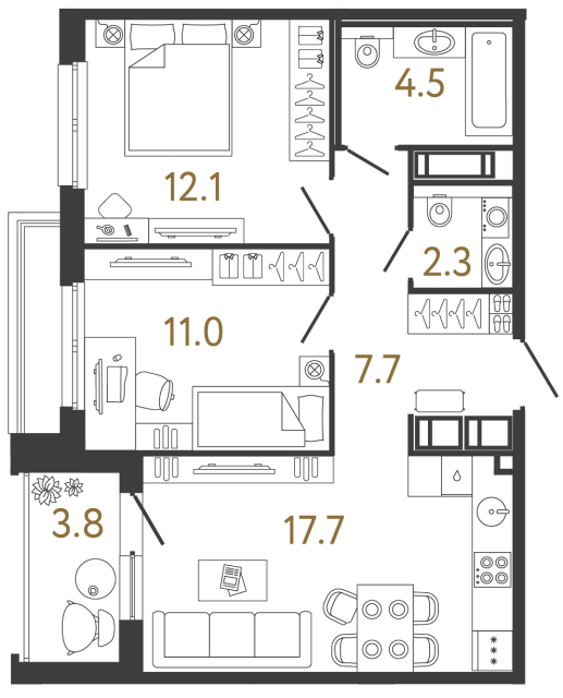 Двухкомнатная квартира №113 в ЖК Передвижники - 55.3 м²