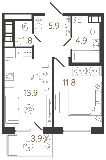 Однокомнатная квартира №104 в ЖК Передвижники 2 - 38.3 м²
