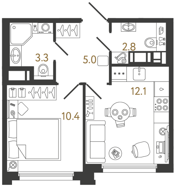 Однокомнатная квартира №1084 в ЖК Гений - 33.6 м²